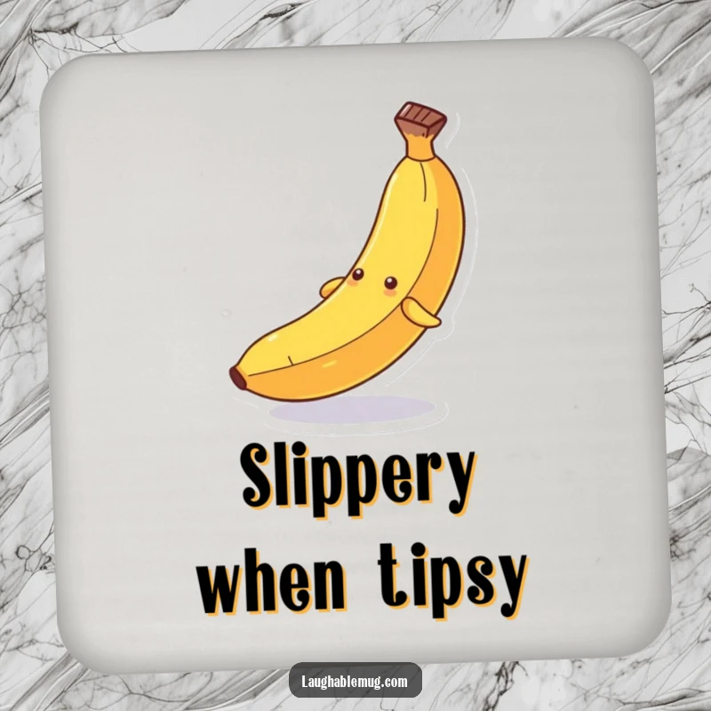 Funny coaster: A personified banana comically slipping dramatically on its peel, offering a humorous and practical tabletop accessory.