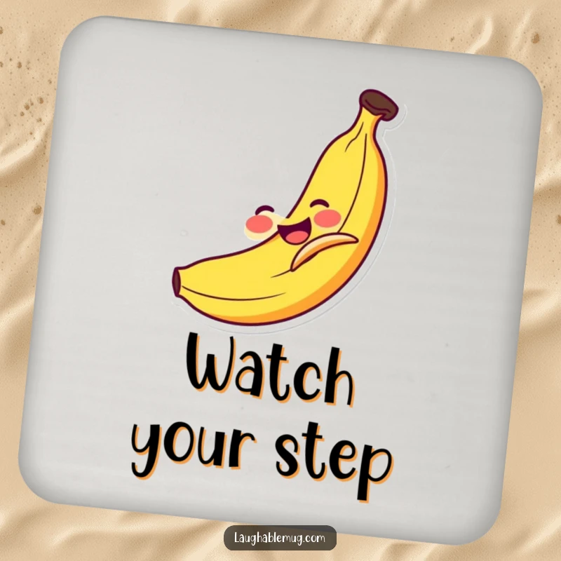 Funny Coasters: Smiling banana comically slipping on its own peel, a humorous and practical addition to any table.