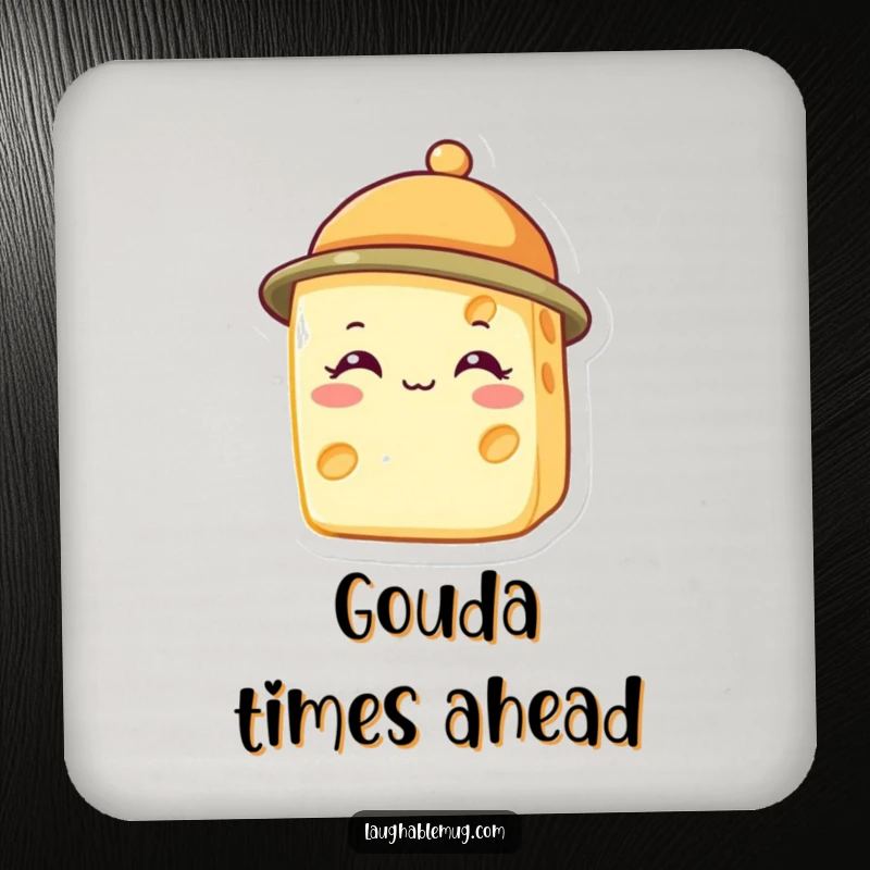 Funny coaster with a smiling cheese wedge wearing a small hat, a charming way to protect furniture.