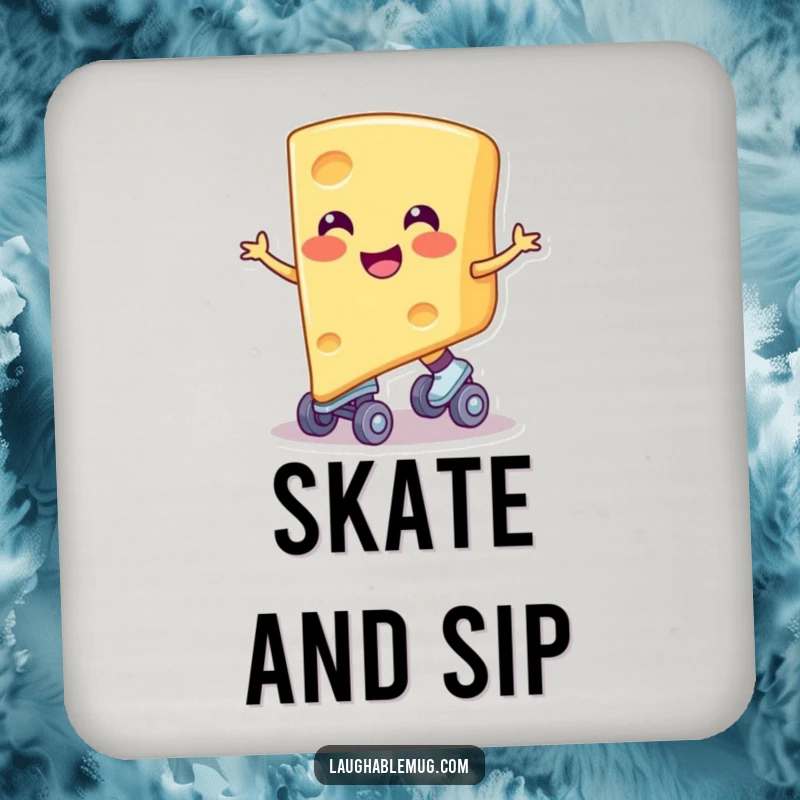 Funny coaster with a smiling cheese slice on skates, protecting surfaces with cheesy fun, a small but delightful funny gift.