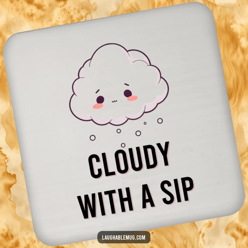 Funny drink coaster featuring a surprised cloud tripping over its mist, protecting surfaces with humor.