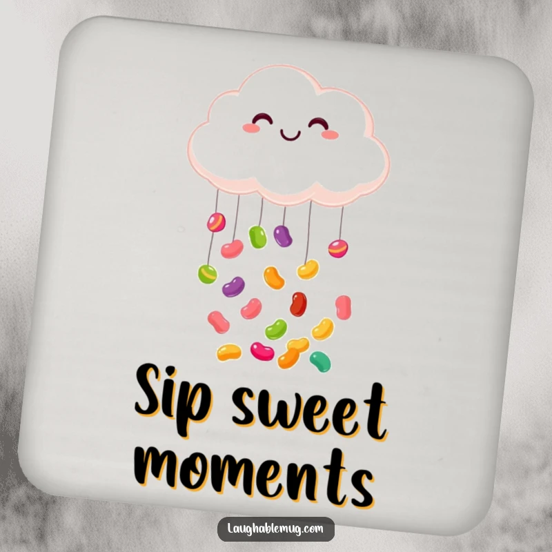 Funny coaster: A smiling cloud raining colorful jelly beans, offering a cheerful and functional addition to any tabletop.