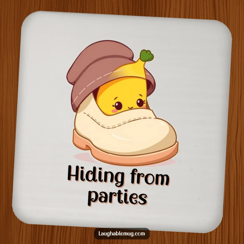 Funny coasters featuring a shy banana character peeking from behind a giant shoe, adding quirky protection.