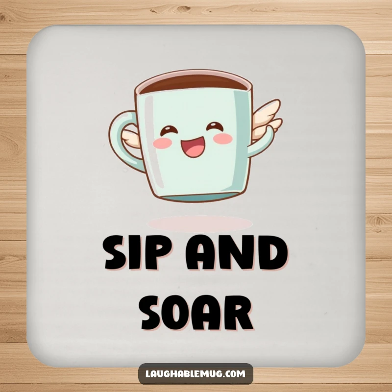 Funny drink coaster with a happy coffee mug character with tiny wings attempting flight, adding coffee-themed humor.