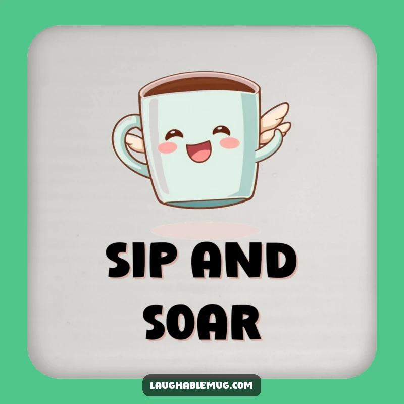 Funny Coffee Coaster: Happy Flying Mug Character, Humorous Decor Gift for Drinkers