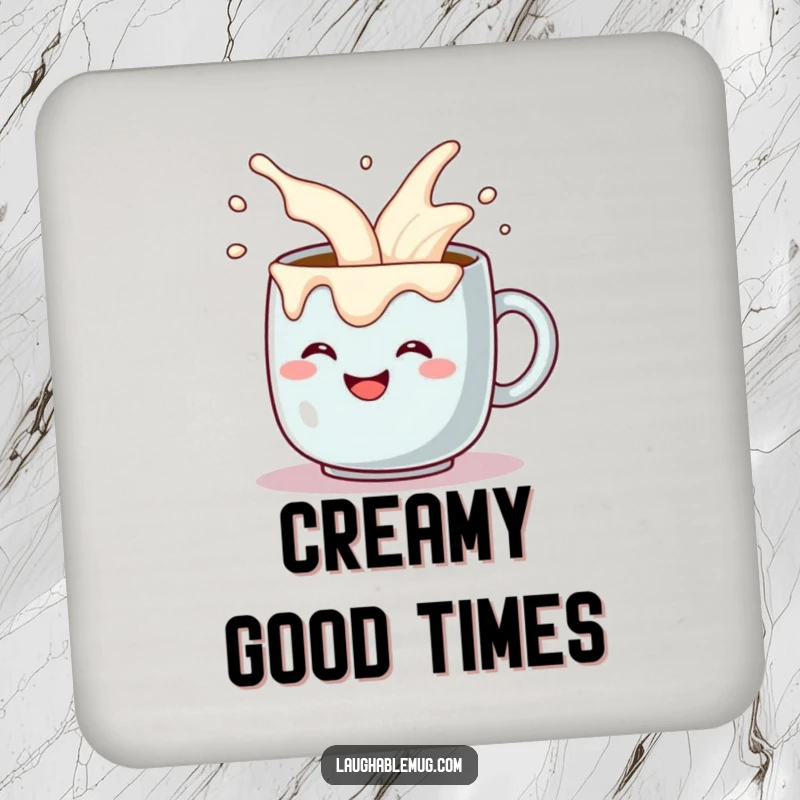 Funny drink coaster with a grinning coffee mug comically pouring itself extra cream overflow, a protective and humorous accessory. A cute funny gift.