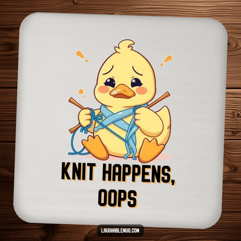Funny drink coasters with a confused rubber duck hilariously tangled in knitting yarn, adding craft humor and surface protection.