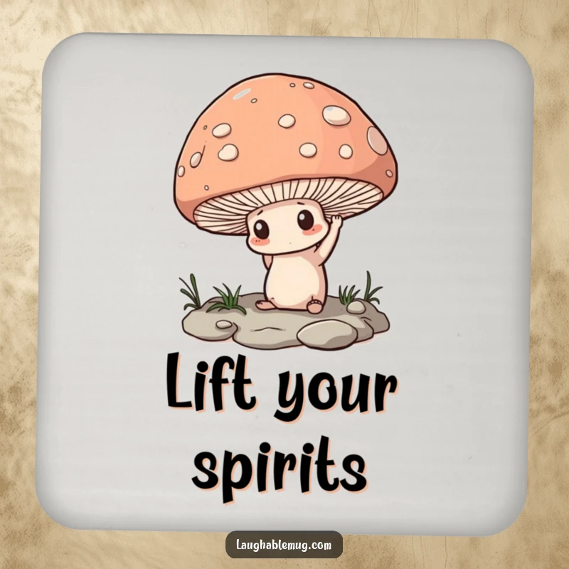 Funny Drink Coasters: A determined mushroom trying to lift a large pebble, protecting surfaces with motivational humor.