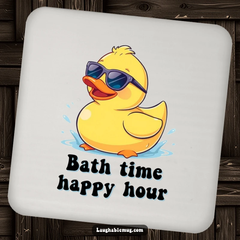 Funny drink coaster depicting a happy rubber ducky wearing sunglasses, splashing playfully.
