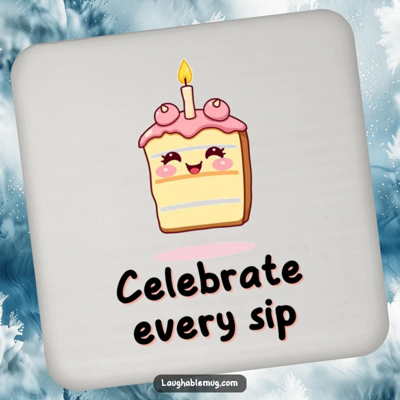 Funny Coasters: Giggling slice of cake balancing a single candle on its nose, a humorous and protective set.