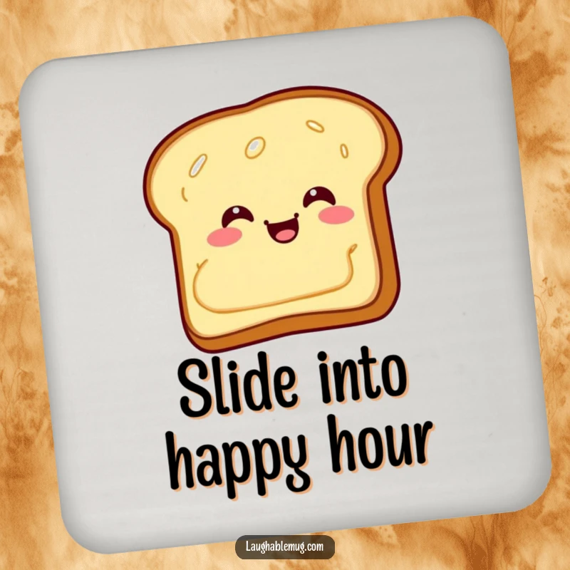 Funny Drink Coasters: A giggling piece of toast with butter sliding backward, protecting surfaces with breakfast humor.