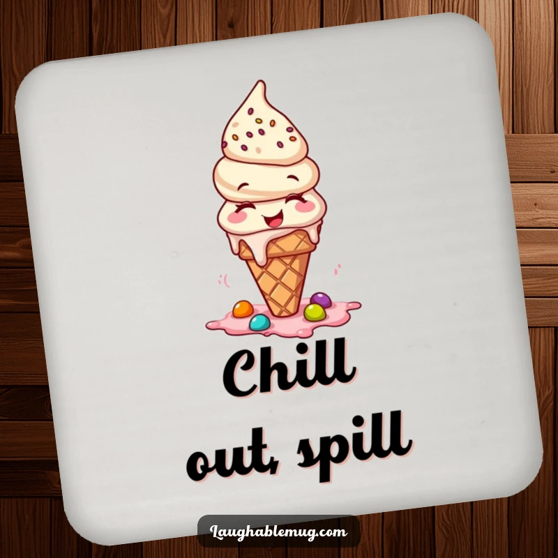 Funny coaster with a giggling ice cream cone spilling toppings, a humorous way to protect furniture.