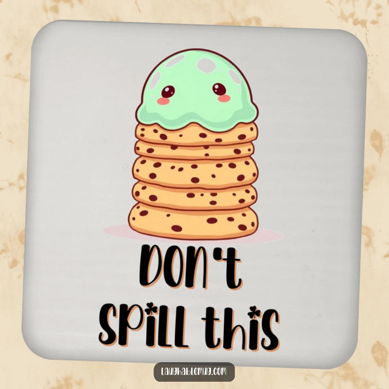 Funny drink coaster featuring a wobbly jelly balancing cookies, adding playful dessert charm.