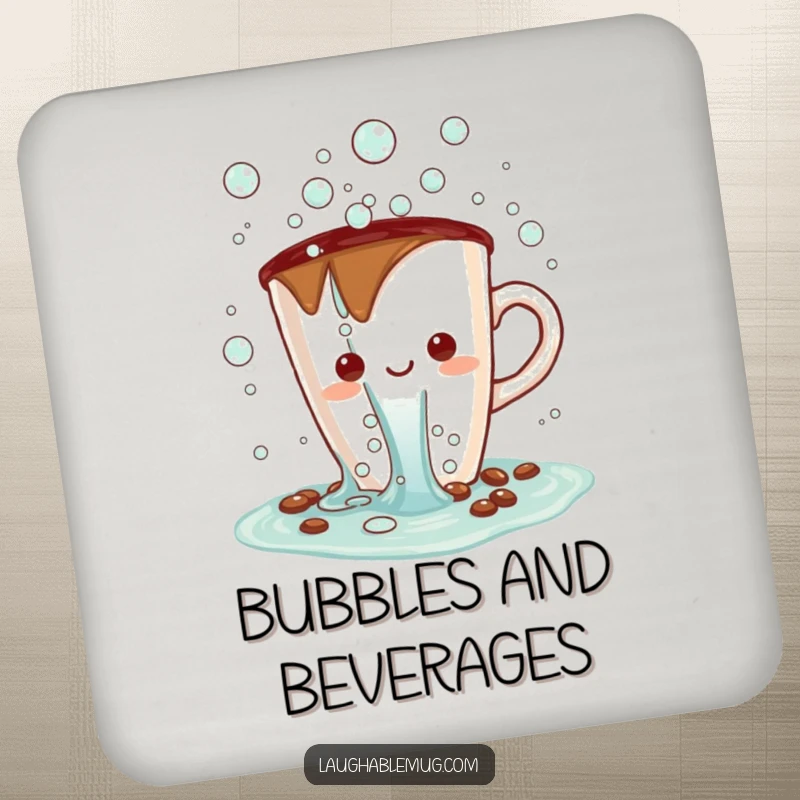 Funny Kawaii coasters featuring a coffee cup character spilling bubbles, protecting surfaces with cheerful humor.