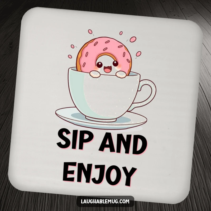 Funny Kawaii Donut Teacup Dive Coasters: A cute donut character dives into a teacup, protecting surfaces with charm.