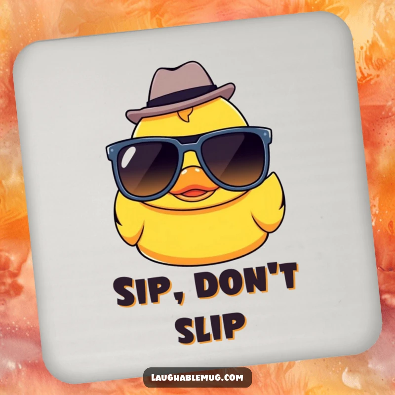 Funny Kawaii rubber ducky character wearing sunglasses and a fedora, protecting a surface on a decorative drink coaster.