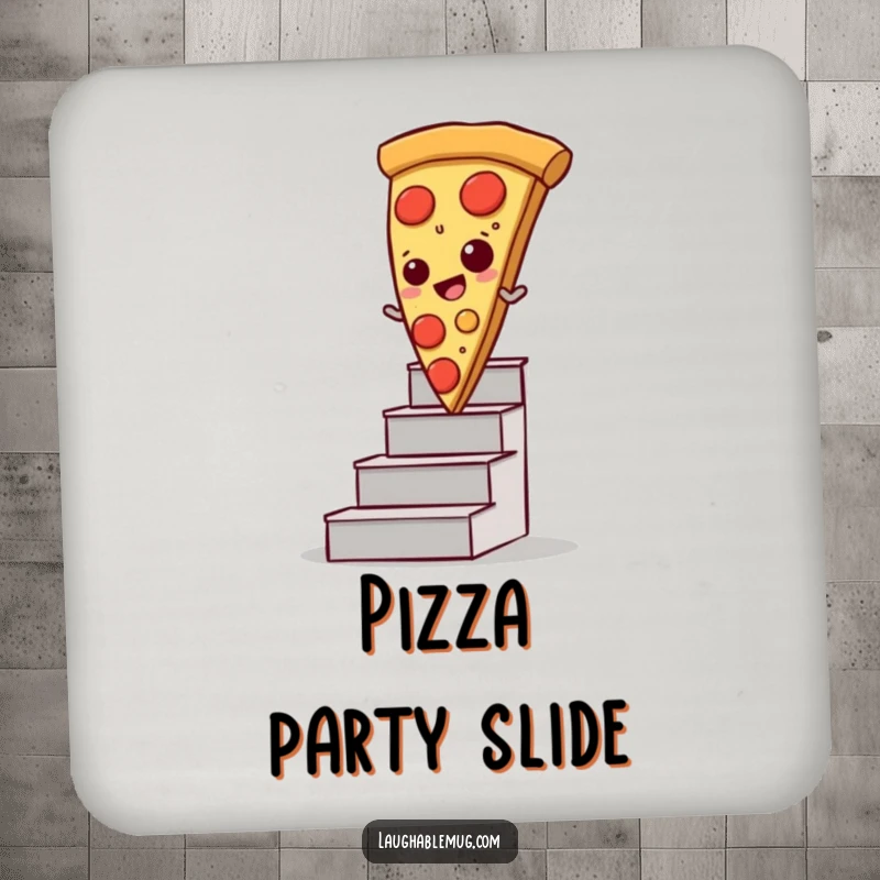 Funny drink coaster featuring a pizza slice comically sliding down stairs, protecting surfaces with humor.