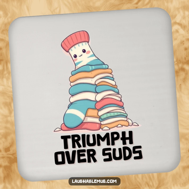 Funny Coaster: A sock climbing a laundry mountain, providing humorous protection for tables and surfaces.