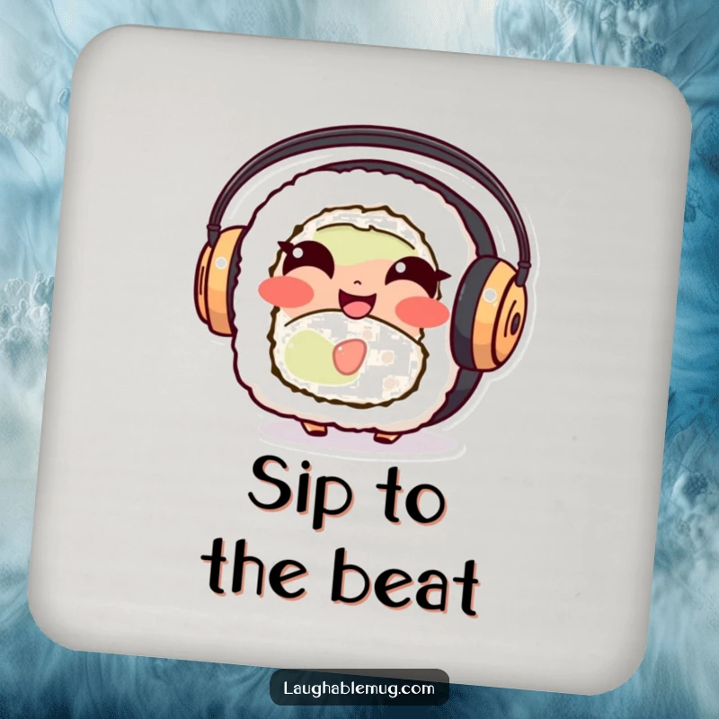 Funny Sushi Roll Coasters: A set featuring a giggling sushi character with headphones, protecting surfaces with humor.