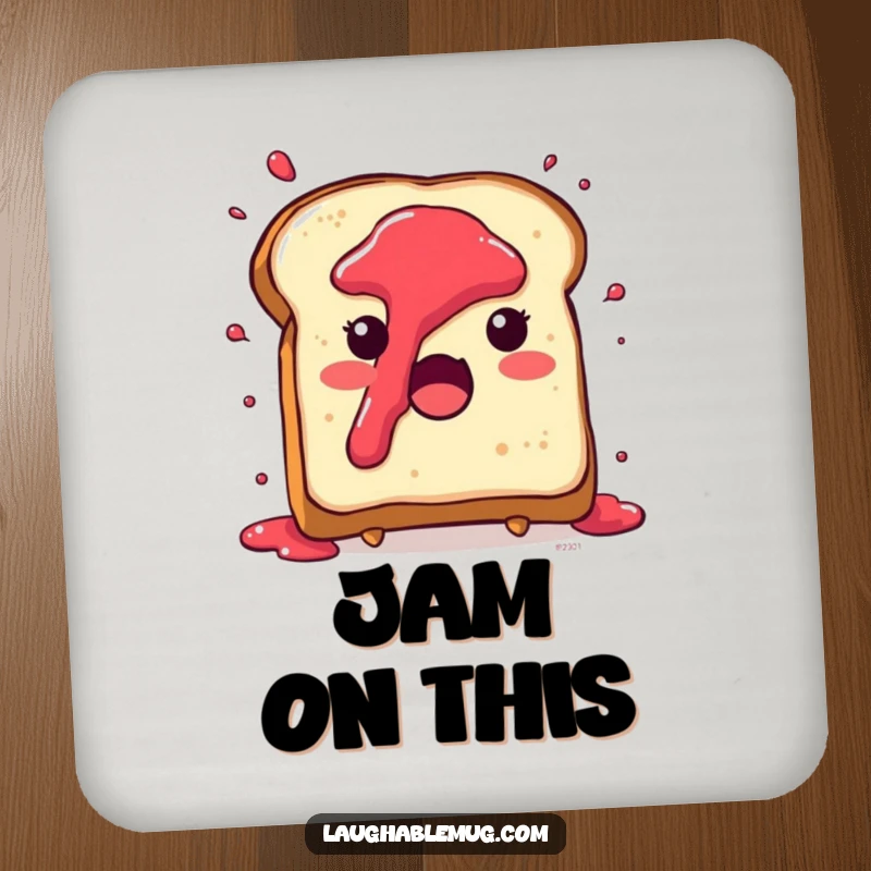 Funny drink coaster with a cute toast character in a surprise jam splatter, adding breakfast-themed humor.