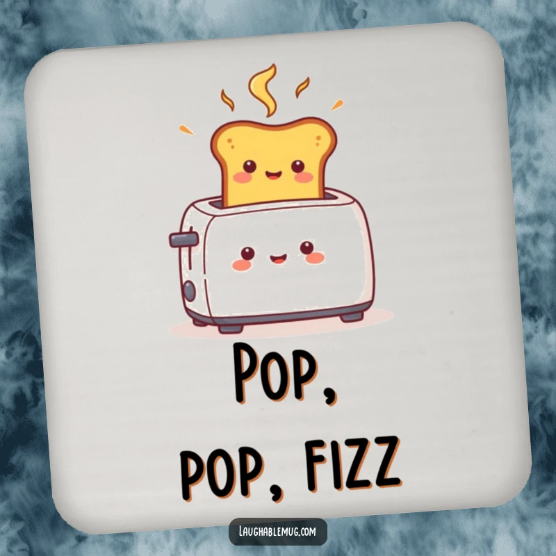 Funny coaster featuring a cheerful toast character popping rapidly from a toaster, providing a protective and humorous surface.