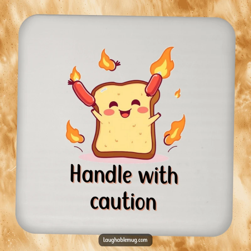 Funny coaster: A slice of toast juggling flaming sausages, providing a humorous and functional addition to any tabletop.
