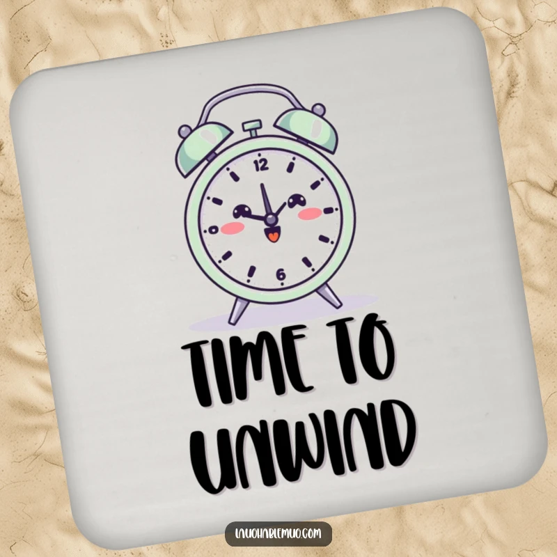 Funny coaster featuring a beaming alarm clock in a yoga pose, protecting your surfaces with calm.