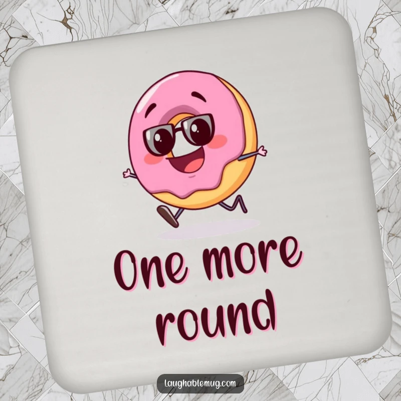 Funny coaster showing a slightly tipsy donut character stumbling with a big, goofy grin, protecting surfaces with sweet, humorous style.