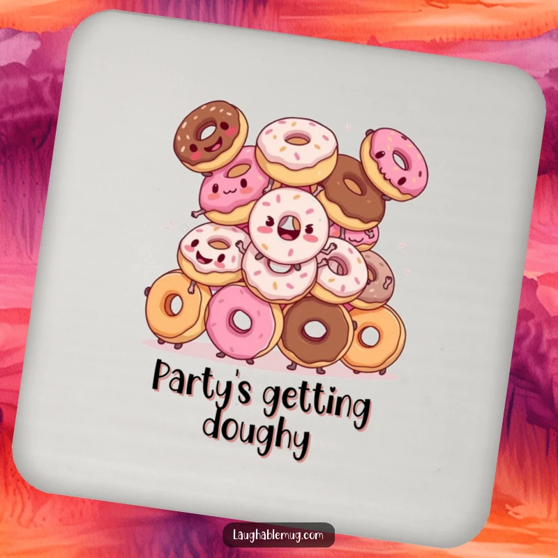 Funny coaster: Donuts hilariously attempting synchronized dance moves, offering a humorous and practical tabletop accessory.