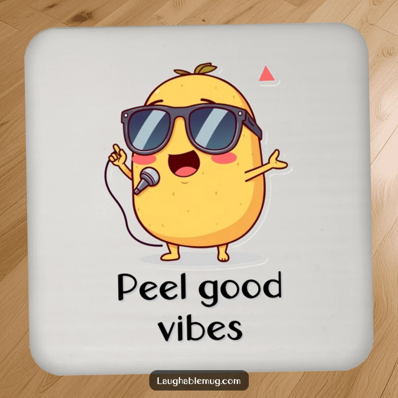 Funny coasters featuring a singing potato wearing tiny sunglasses, performing with energetic flair.