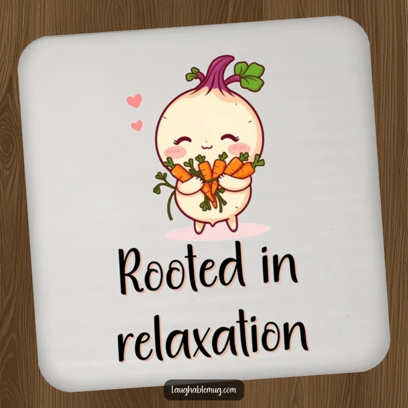 Funny Coaster: A cute, shy turnip blushing holds a bouquet of carrots, protecting surfaces with adorable charm.
