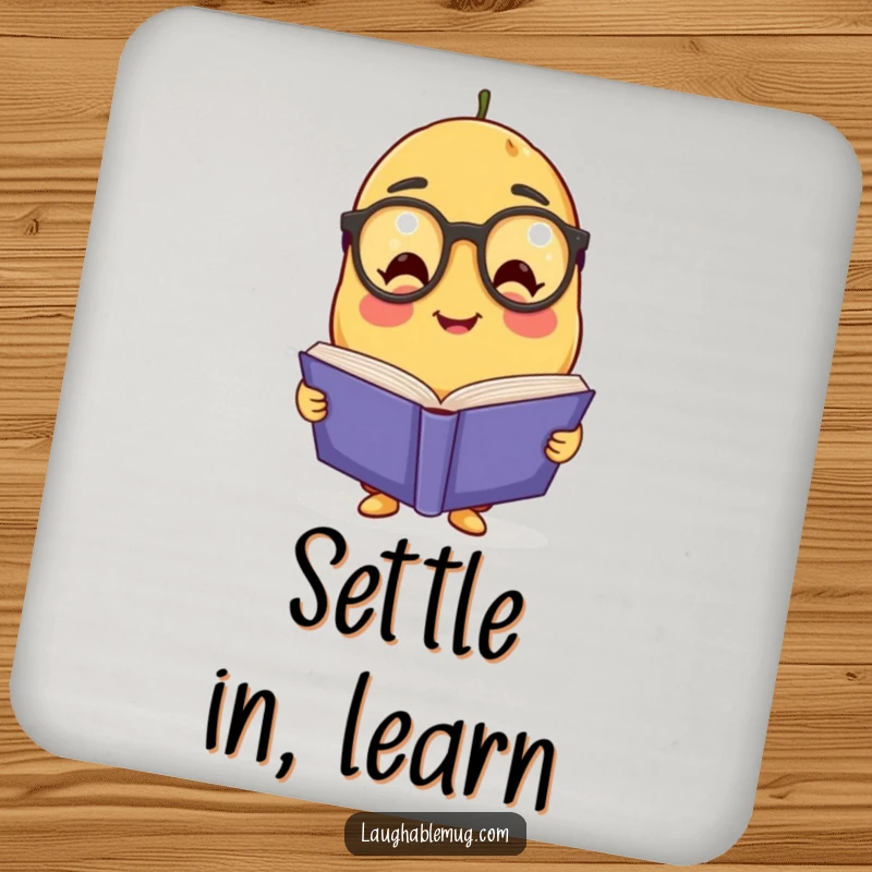 Funny Potato Scholar Drink Coaster: A protective coaster featuring a friendly, bespectacled potato character engrossed in reading a large book.