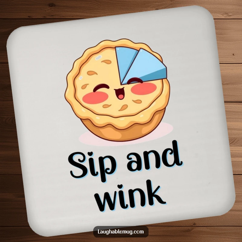 Funny drink coaster depicting a blushing apple pie winking at a pie chart, offering surface protection with a whimsical dessert theme.