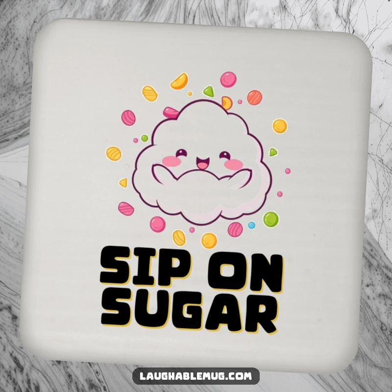 Funny Candy Rain Cloud Coaster: A fluffy cloud character joyfully raining colorful candy, a delightful funny gift.