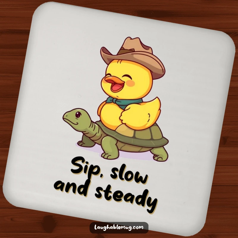 Funny drink coaster with a duck cowboy riding a turtle, adding western humor to surface protection.