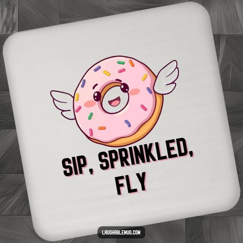 Funny drink coaster featuring a cheerful donut with tiny wings, aspiring to fly, decorated with festive sprinkles.