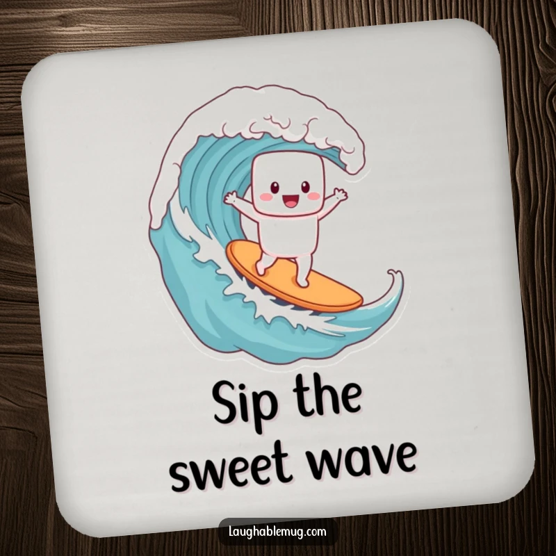 Funny drink coaster featuring a marshmallow character surfing a coffee wave, protecting surfaces from moisture with a humorous design.
