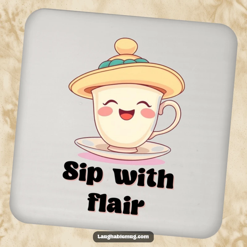 Funny drink coaster featuring a laughing teacup wearing a ridiculously oversized, floppy hat, a humorous and protective accessory. A cute funny gift.