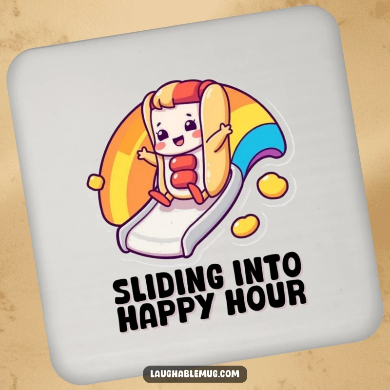 Funny coasters featuring a happy hot dog character sliding down a rainbow slide, adding colorful protection.