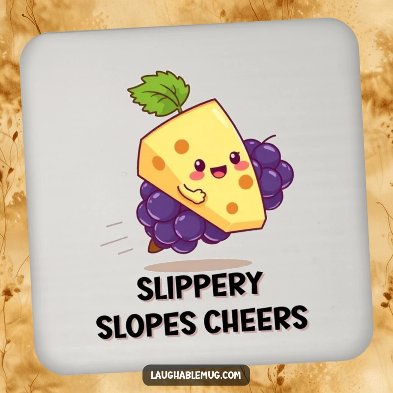 Funny coasters with a playful slice of cheese attempting to ride a runaway grape, protecting surfaces with food-themed humor.