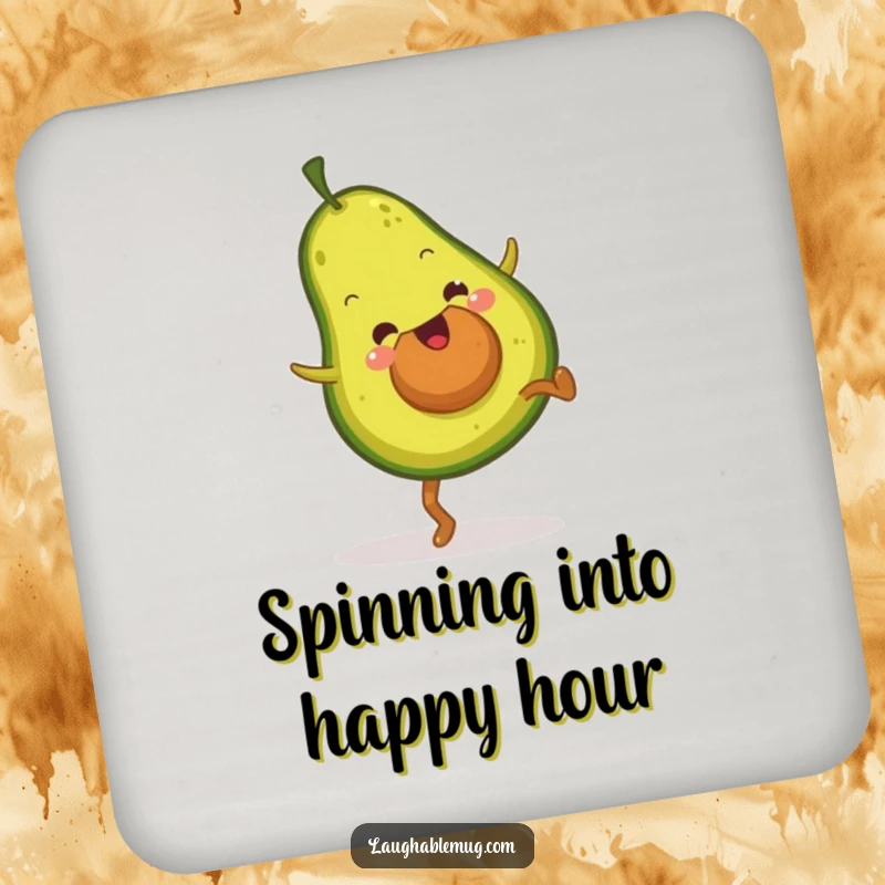 Funny drink coaster featuring a fuzzy avocado mid-cartwheel, adding a playful and protective touch to any surface.