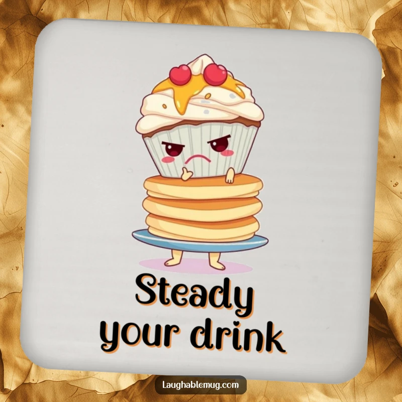 Funny drink coaster featuring a grumpy cupcake struggling to balance a tall, wobbly stack of pancakes.