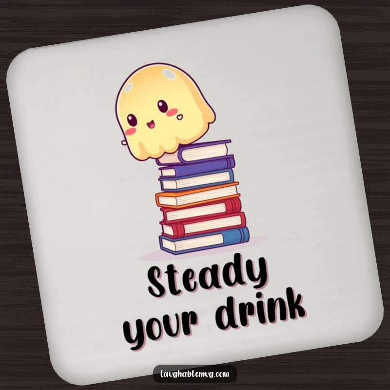 Funny Coasters: Wobbly jelly trying to balance precariously on a stack of books, a humorous and protective set.