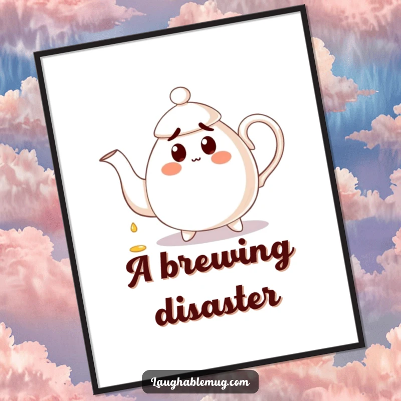 Funny Poster: A surprised teapot pours tea onto its handle, creating a humorous and endearing piece of wall art.