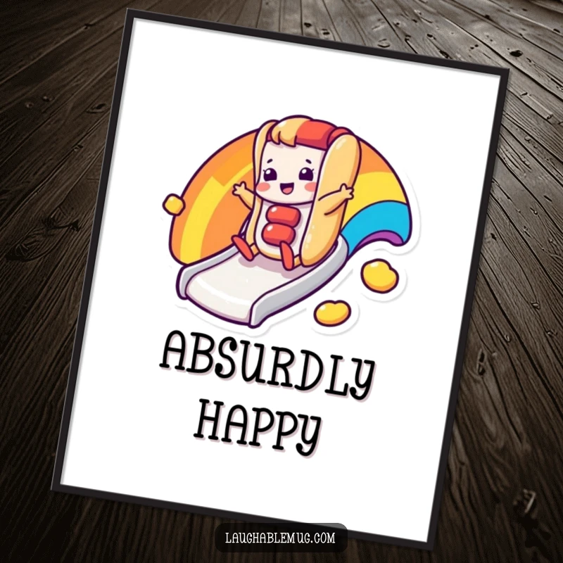 Funny poster art of a happy hot dog character sliding down a rainbow slide, celebrating pure joy.