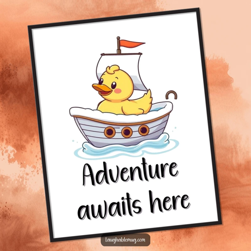 Funny Rubber Ducky Ship Captain Poster: An art print of a cheerful rubber ducky sailing a bathtub as if it were a grand ship, full of fun.