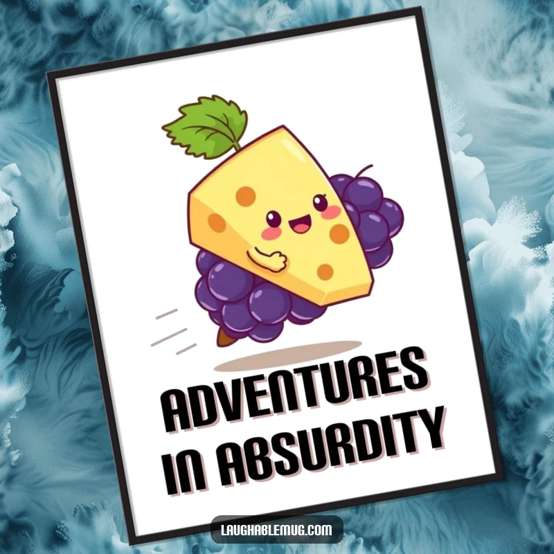 Funny poster print of a playful slice of cheese attempting to ride a runaway grape, a whimsical piece of food art.