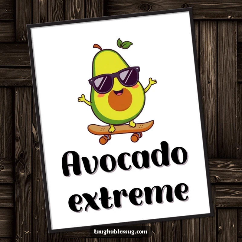 Funny poster of a happy avocado character in sunglasses riding a skateboard, capturing cool street art and vibrant energy.