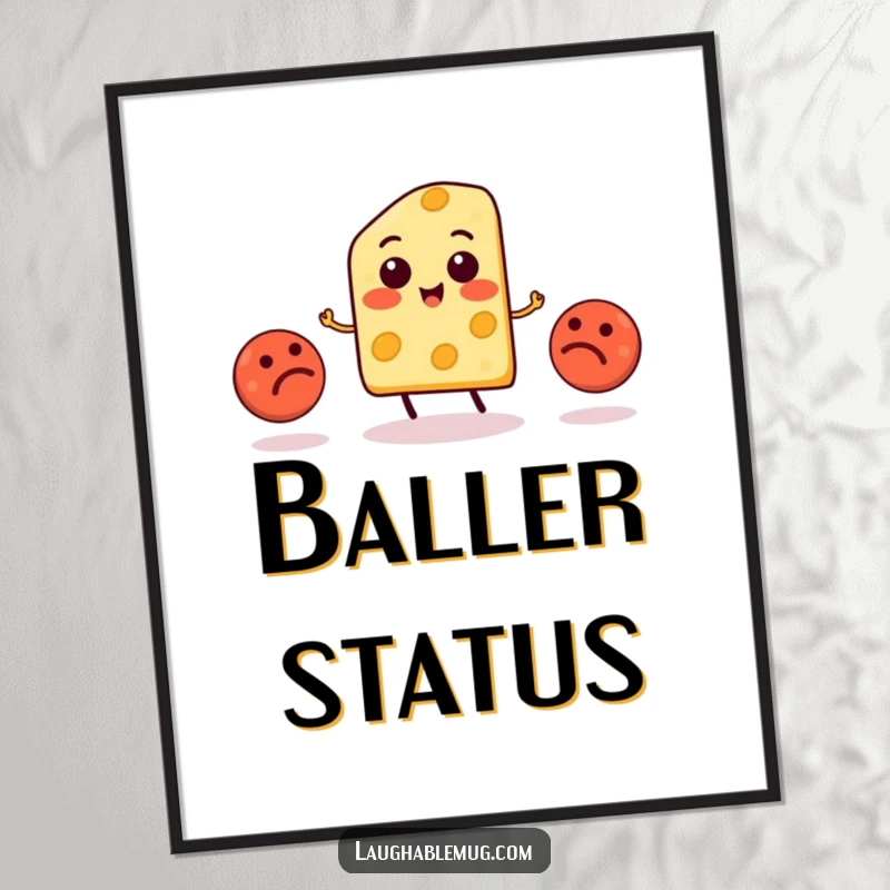 Funny Cheese Juggling Meatballs Poster: A cheerful cheese slice comically juggles meatballs, adding whimsical humor to any wall.