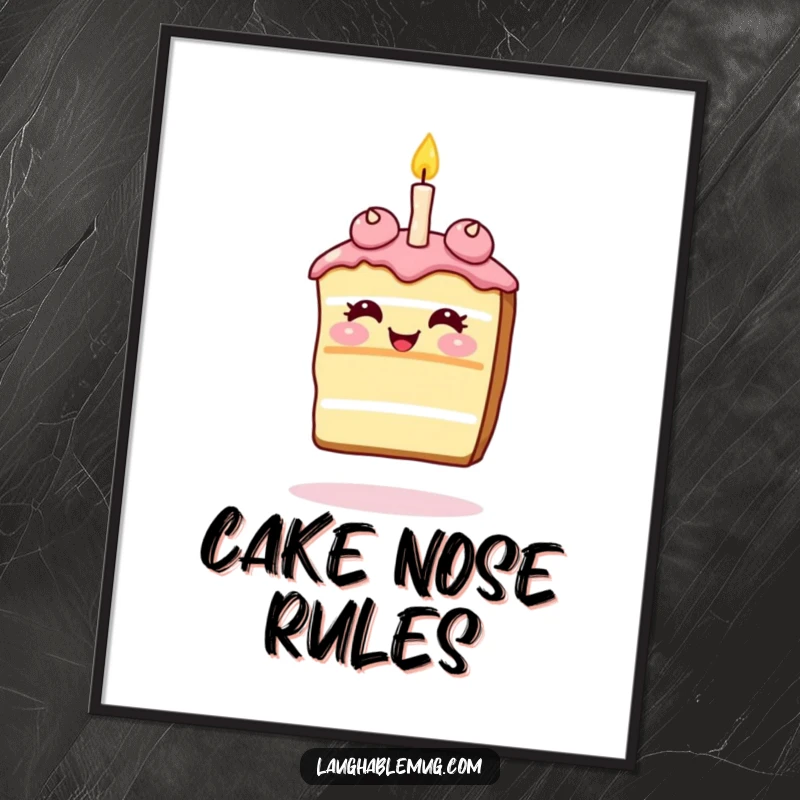 Funny Poster: Giggling slice of cake balancing a single candle on its nose, a cheerful and humorous wall art.